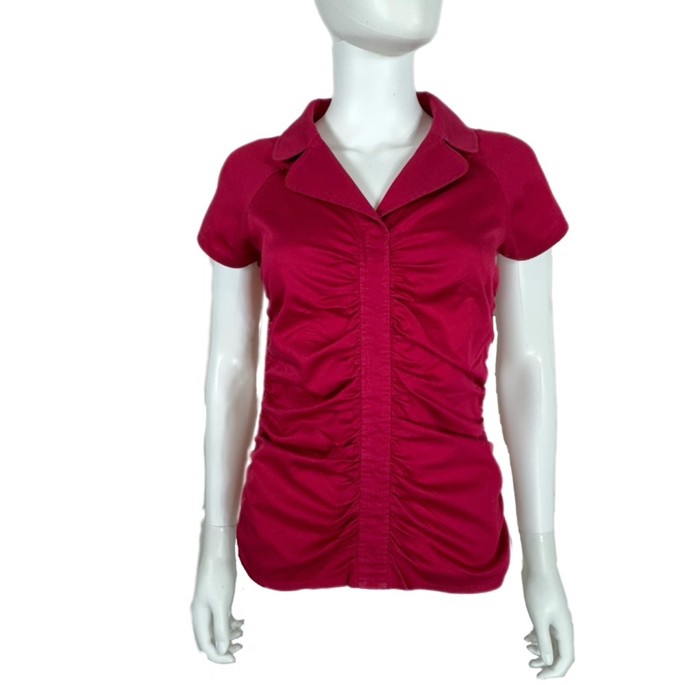 Ann Taylor Ruched Front Collared V-Neck Fitted Wine Colored Blouse